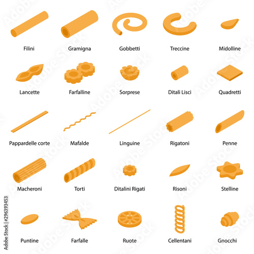 Fusilli pasta icons set. Isometric set of fusilli pasta vector icons for web design isolated on white background