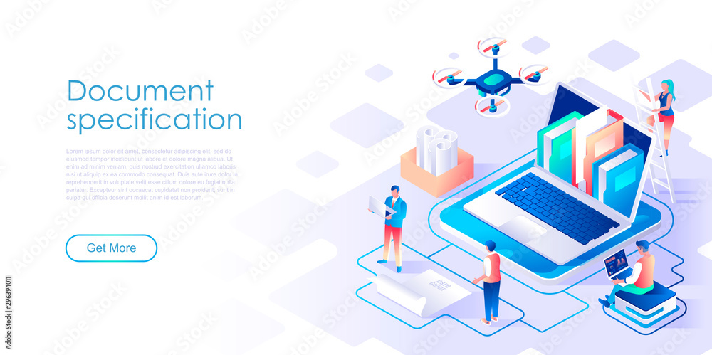 Fototapeta premium Document specification isometric landing page vector template
