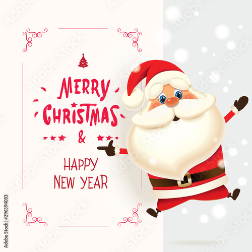 Santa Claus jumping and showing on a retro textual signboard isolated on a light sparkle background,Christmas greeting card