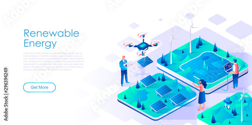 Renewable energy isometric landing page vector template