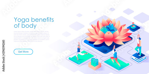 Yoga benefits for body isometric landing page vector template