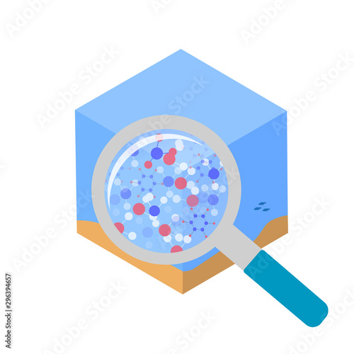Open, sea water analysis. Molecules of oil, petrol, lead in water. Vector concept illustration, icon of chemical analysis, ocean water analysis.
