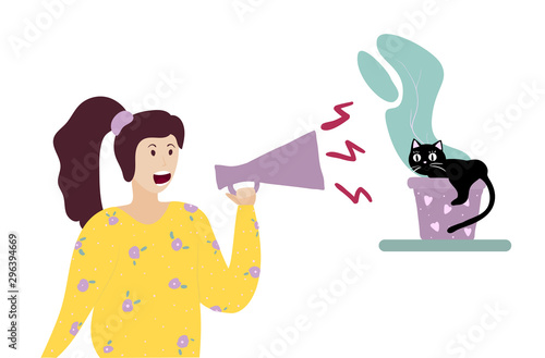 Problems with a naughty cat. Disobedient pets. Owner and pet. Cartonn vector illustration. Doodle.