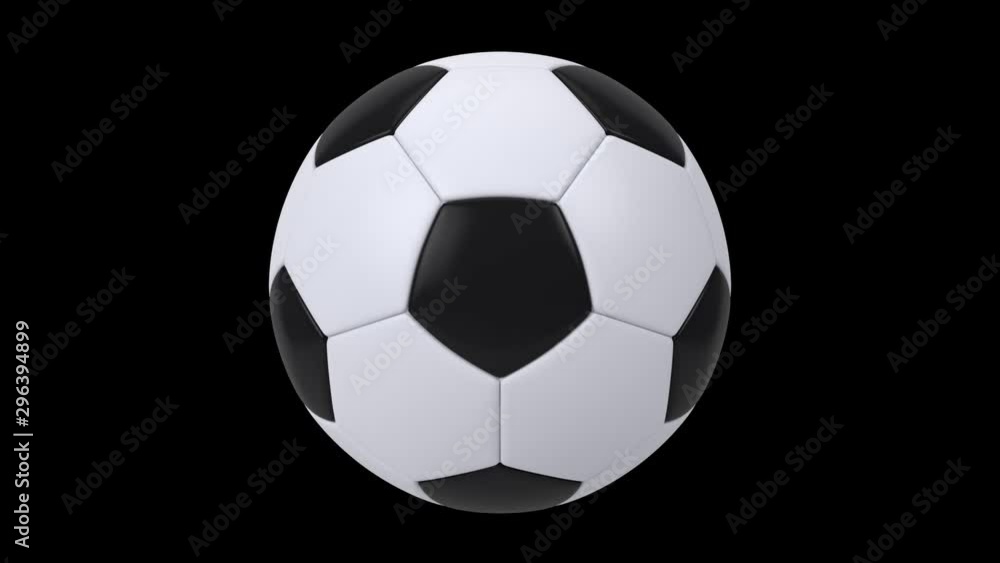 Realistic black and white soccer ball isolated on black background. 3d looping animation.