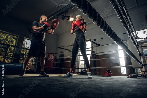 Boxing trainer and his new student have a sparring on the ring wearing boxing gloves.