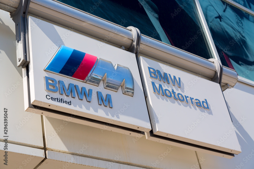 Moscow, Russia - May, 2018: BMW, BMW Motorrad and BMW M Series manufacturer  signage. Bavarian Motor Works, known as BMW is German luxury vehicles and  motorcycles company based in Munich, Germany. Stock