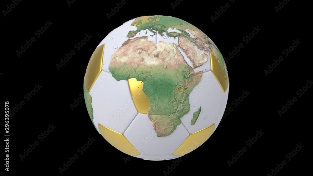 Realistic soccer ball isolated on black screen. 3d seamless looping animation. Detailed world map on white and gold soccer ball. Realistic soccer ball isolated on black screen. 3d seamless looping animation. Detailed world map on white and gold soccer ball.