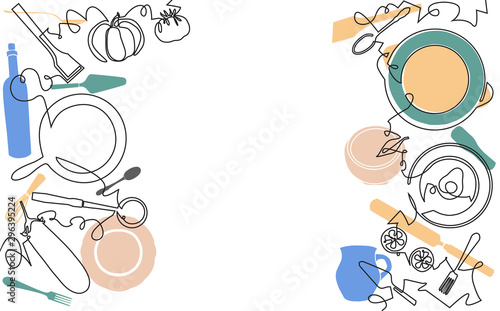 Background with Utensils and Food. Cooking Pattern. Vector illustration.