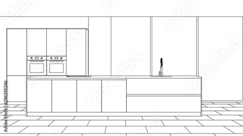 Modern kitchen interior. Linear sketch of the interior.