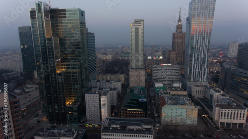 Aerial view of modern skyscrapers of Warsaw. Poland. 04. December. 2018. Warsaw skyline with urban skyscrapers at sunset.