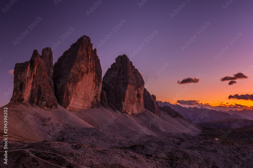 Picturesque Tre Cime di Lavaredo at sunset in the Sexten Dolomites, South-Tirol, Italy