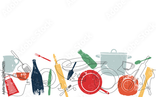 Background with Utensils. Cooking Horizontal Pattern. Vector illustration.