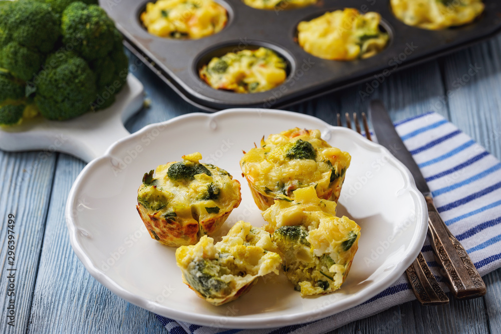 Vegetable muffins with broccoli and potatoes, vegetarian food.