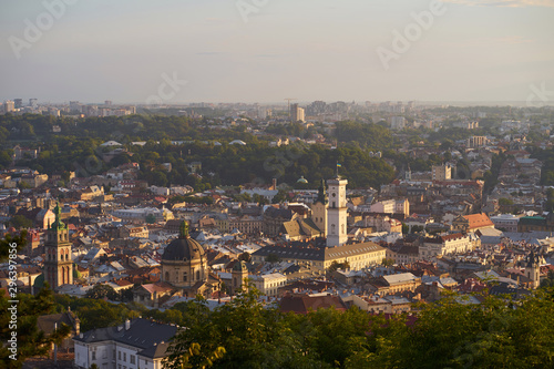 Lvov in sunset light, view from hill