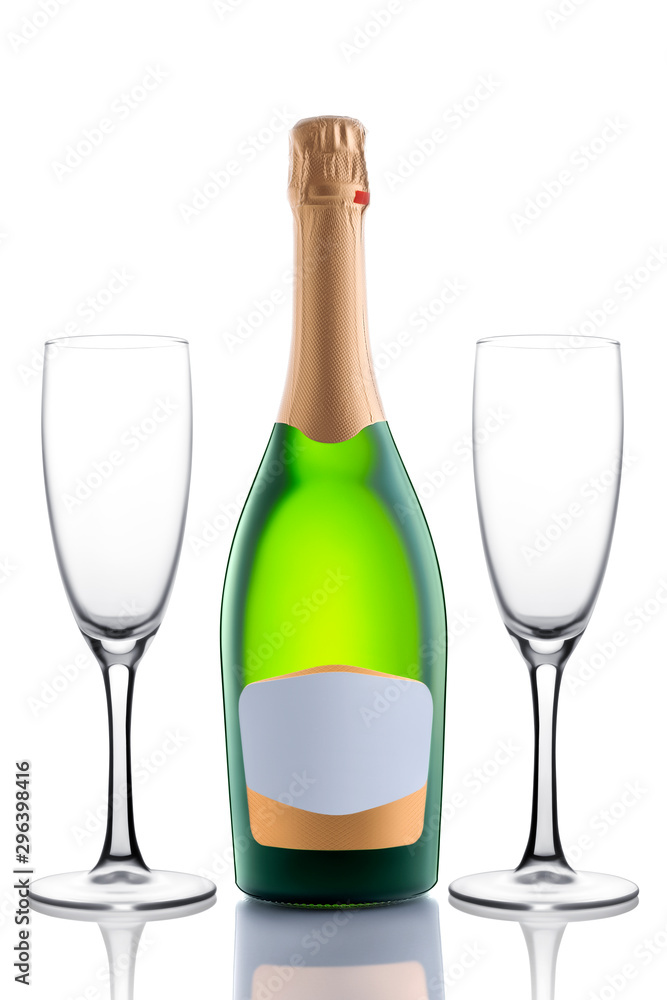 Unopened green full bottle of champagne with an empty label for text and two empty glasses in a row with a bottle isolated on a white background. Clipping path. Unopened green full bottle of champagne with an empty label for text and two empty glasses in a row with a bottle isolated on a white background. Clipping path.