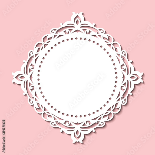 Laser cut template of round openwork vector silhouette of white doily. Wedding invitation card with circle lace border. Elegant ornamental decoration on pink background. Cutout paper frame.