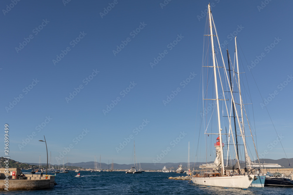 05 OCT 2019 - Saint-Tropez, Var, France - Sailboats in the harbor during the 2019 edition of 'Les Voiles de Saint-Tropez' regatta