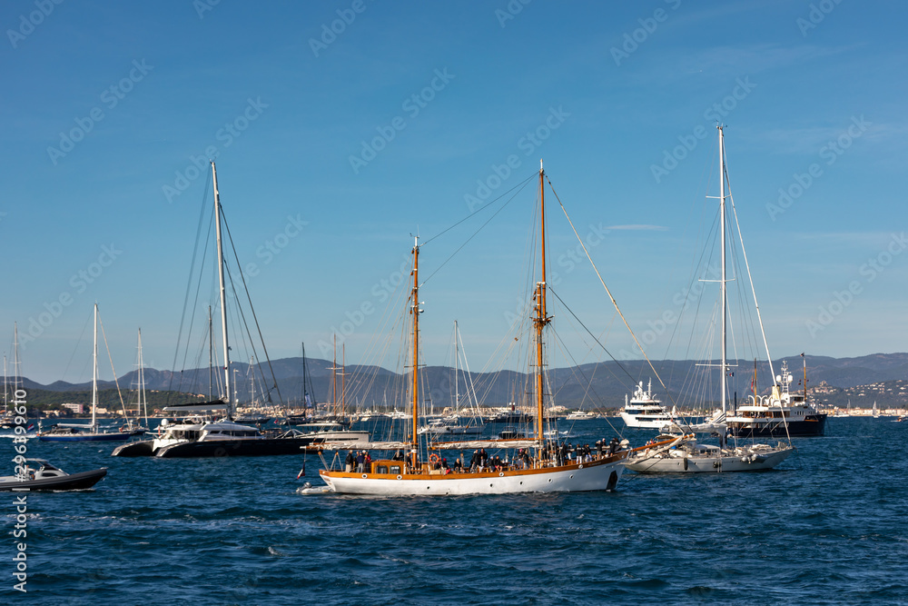 05 OCT 2019 - Saint-Tropez, Var, France - Sailboats in the bay during the 2019 edition of 'Les Voiles de Saint-Tropez' regatta