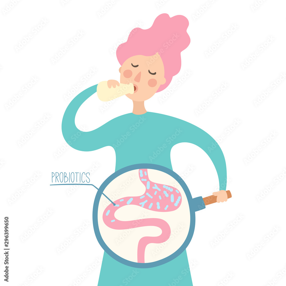 Girl drinking yogurt with probiotics bacteria in the gut. Probiotic