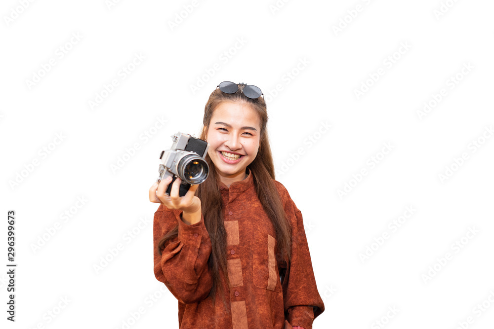 Young asian women photographer smiling and happy with vintage camera on isolated background Young asian women photographer smiling and happy with vintage camera on isolated background