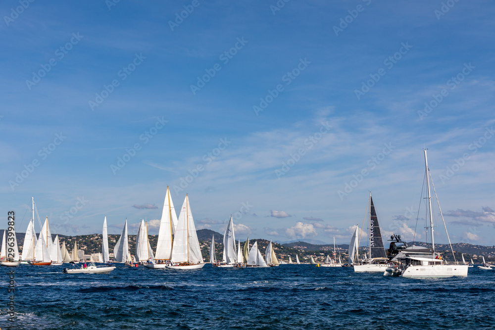05 OCT 2019 - Saint-Tropez, Var, France - Sailboats in the bay during the 2019 edition of 'Les Voiles de Saint-Tropez' regatta 05 OCT 2019 - Saint-Tropez, Var, France - Sailboats in the bay during the 2019 edition of 'Les Voiles de Saint-Tropez' regatta