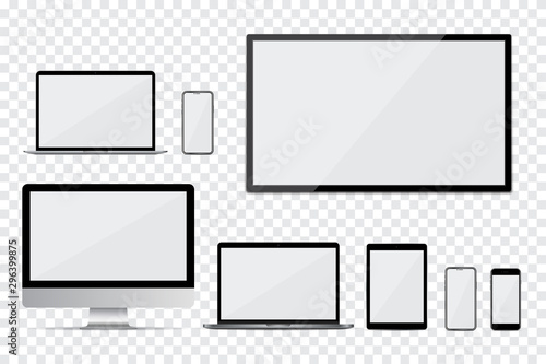 Set of computer monitor, tv, laptop, smartphone and tablet with empty screen on a transparent background