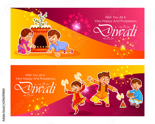 Indian kids enjoying firecracker celebrating Diwali light festival of India in vector