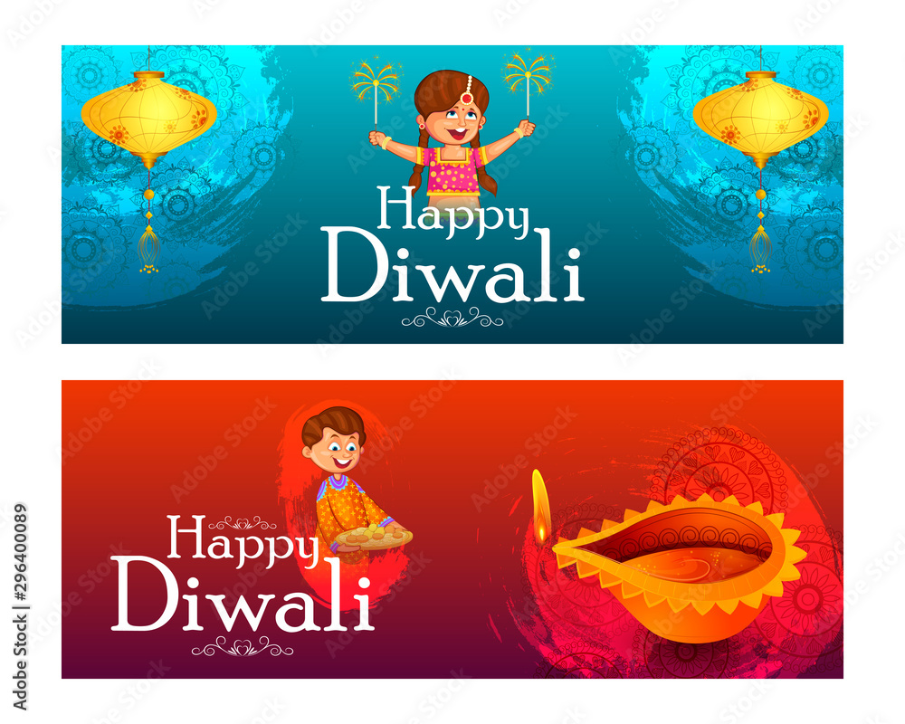 Fototapeta premium Indian kids enjoying firecracker celebrating Diwali light festival of India in vector