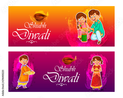 Indian kids enjoying firecracker celebrating Diwali light festival of India in vector
