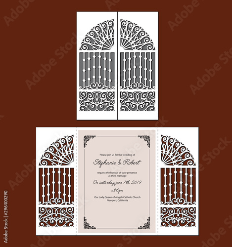 Laser cut template of wedding invitation with fold gate with lace pattern at vintage style. Envelope with ornate abstract ornament for greeting card. Openwork vector silhouette. Steel sliding door.