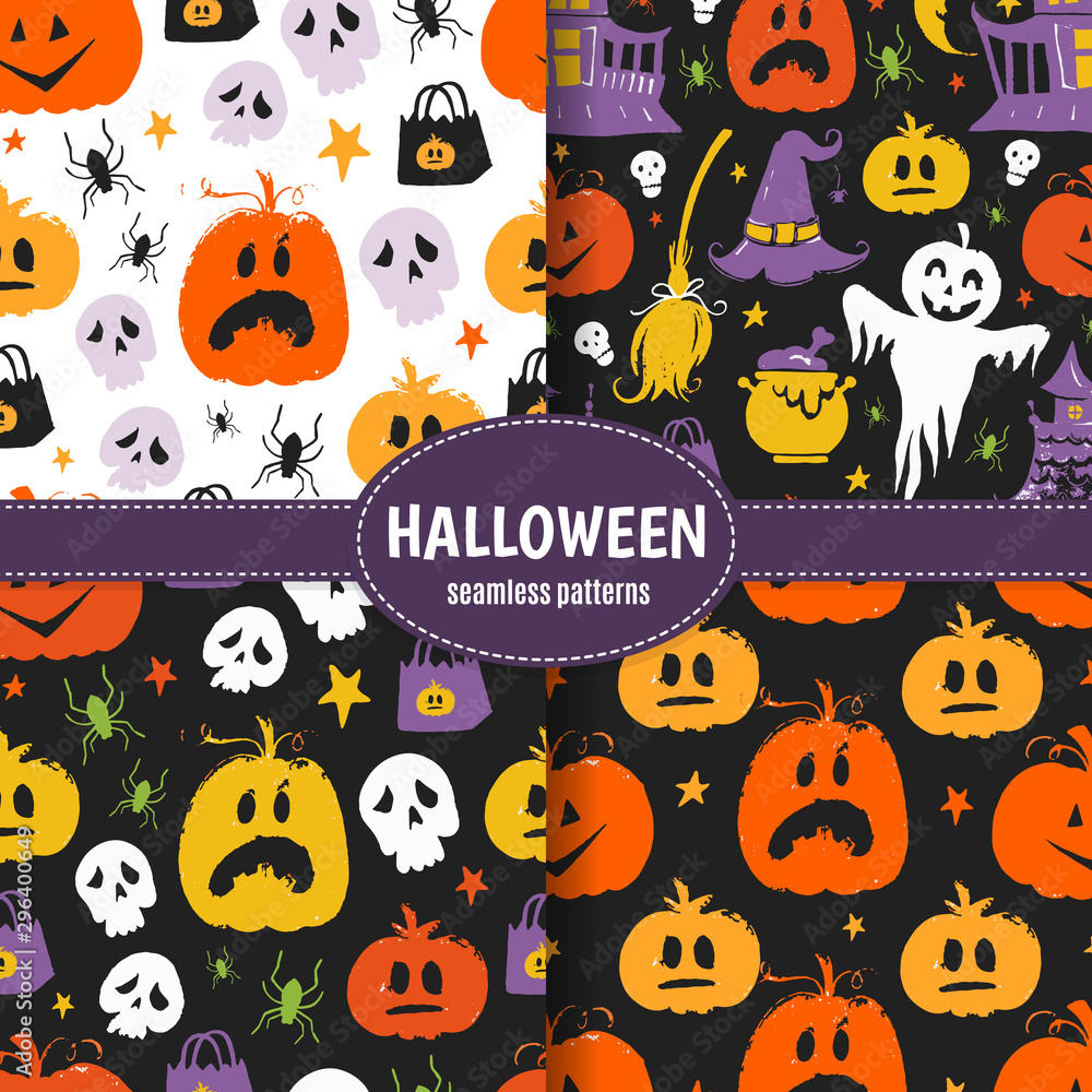 Halloween vector seamless patterns set, surface design Halloween vector seamless patterns set, surface design