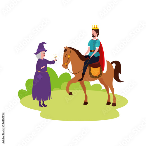 king of fairytale in horse with witch vector illustration design