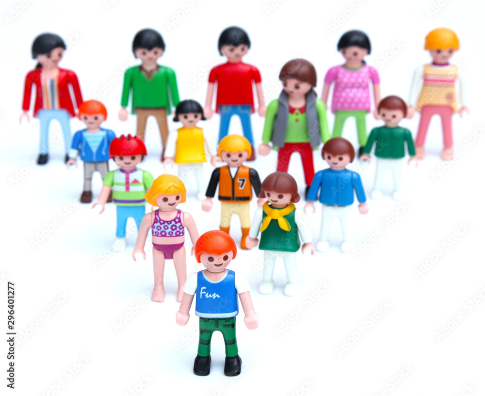 editorial image of colorful Playmobil figurines: teacher with school kids -  circa 2016 - Louvain, Belgium foto de Stock | Adobe Stock