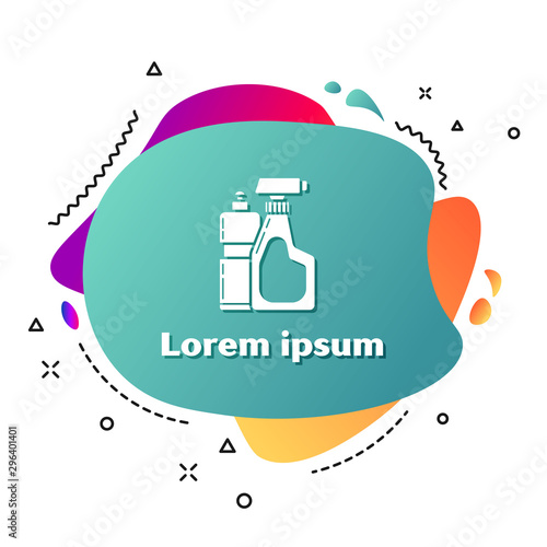 White Plastic bottles for liquid laundry detergent, bleach, dishwashing liquid or another cleaning agent icon isolated on white background. Abstract banner with liquid shapes. Vector Illustration