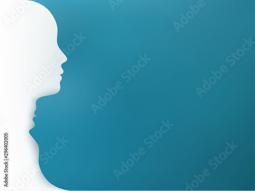 Metaphor bipolar disorder mind mental. Double face. Split personality. Mood disorder. Dual personality concept. Head silhouette on blue background