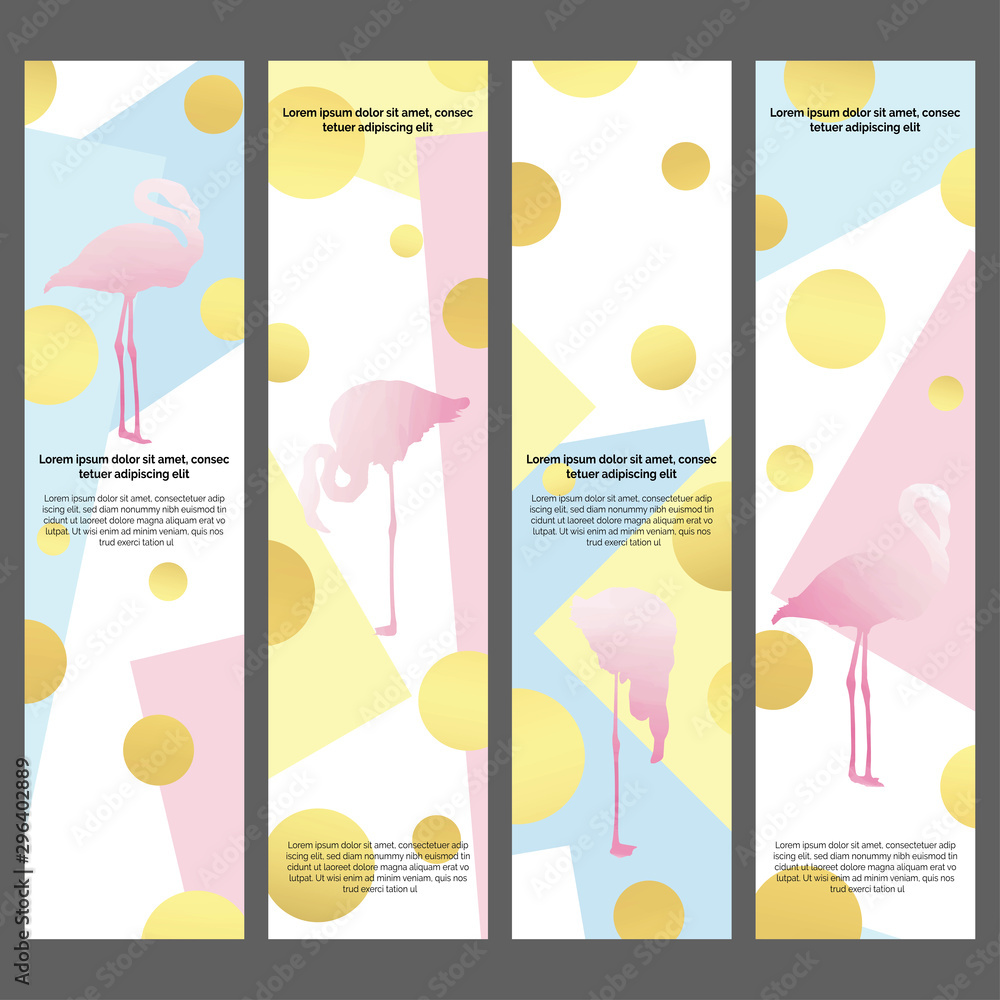 Flamingo and geometric elements bookmarks set in pastel colors, universal templates kit, modern design