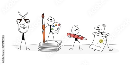 Doodle stick figure: Little people with pencil, paint brush, paper and scissors. Hand drawn cartoon vector illustration for business and school design.