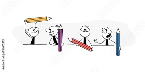 Doodle stick figure: Little people with pencils. Cute miniature scene. Hand drawn cartoon vector illustration for business and school design.