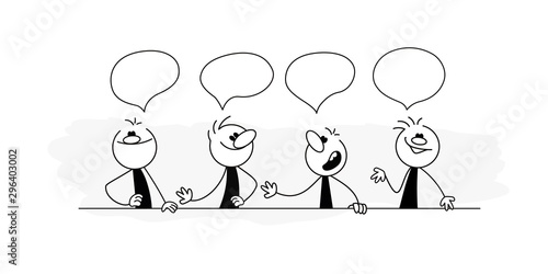 Doodle stick figure: Cute miniature style, Crowd of people with speech bubbles, business teamwork and partnership concept, illustration vector design for infographic or other uses.