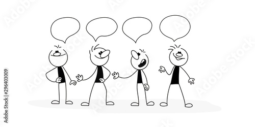 Doodle stick figure: Crowd of working people with speech bubbles. Cute miniature about teamwork and partnership. Hand drawn cartoon vector illustration for business design and infographic.