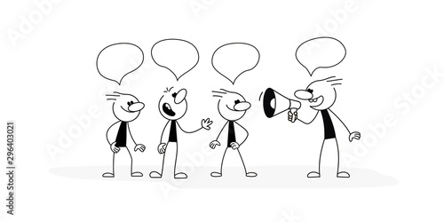 Doodle stick figure:Crowd of working people with speech bubbles and speaker. Cute miniature about teamwork and partnership. Hand drawn cartoon vector illustration for business design and infographic.