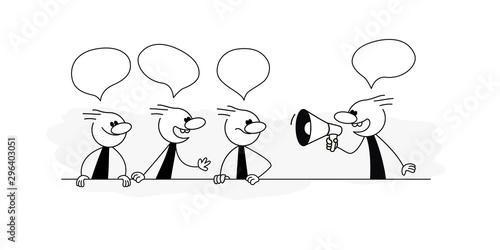 Crowd of working people with speech bubbles and speaker. Cute miniature about teamwork and partnership. Hand drawn cartoon vector illustration for business design and infographic.