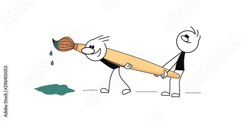 Doodle cute miniature scenes of stick figures with paint brush. Hand drawn cartoon vector illustration for business and school design.