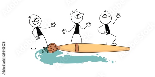 Doodle cute miniature scenes of people with paint brush. Hand drawn cartoon vector illustration for business and school design.