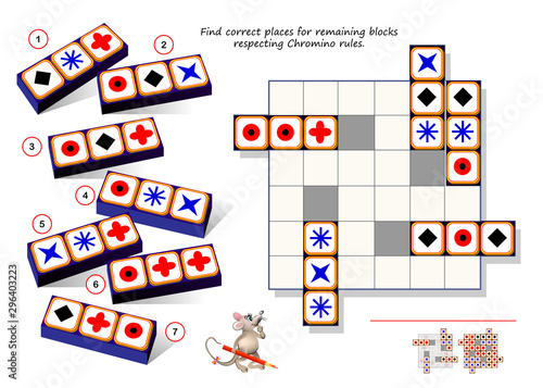 Logic puzzle game for children and adults. Find correct places for remaining blocks respecting Chromino rules. Printable page for kids brain teaser book. Developing spatial thinking skills. IQ test.