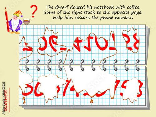 Logic puzzle game for children and adults. Dwarf doused his notebook with coffee. Help him restore phone number. Printable page for kids brain teaser book. Developing spatial thinking skills. IQ test.