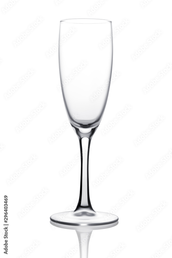 Single transparent clean empty champagne or wine glass isolated on a white background. Clipping path. Side view. Studio shot