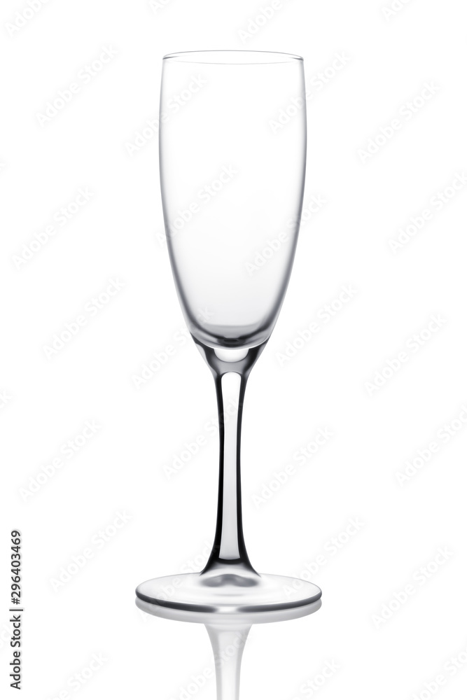 Single transparent clean empty champagne or wine glass isolated on a white background. Clipping path. Side view. Studio shot Single transparent clean empty champagne or wine glass isolated on a white background. Clipping path. Side view. Studio shot