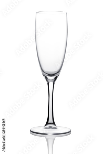 Single transparent clean empty champagne or wine glass isolated on a white background. Clipping path. Side view. Studio shot