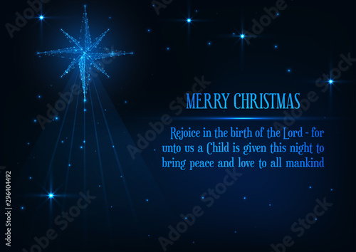 Merry Christmas greeting card with glowing low poly nativity Bethlehem star and religious phrase.